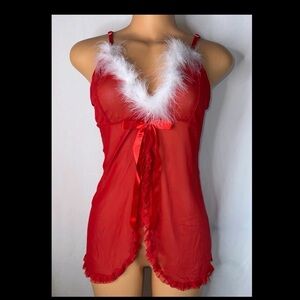Red Sheer Lace Trim Babydoll